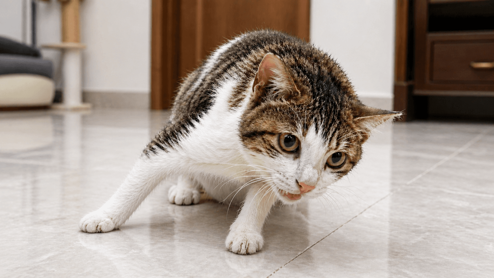 Hunched cat with unsteady posture and awkwardly placed legs